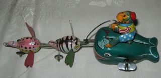 Vintage 1950s Fishing Monkey on Whales TPS Japan Tin Wind Up Toy 2