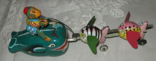 Vintage 1950s Fishing Monkey on Whales TPS Japan Tin Wind Up Toy 3
