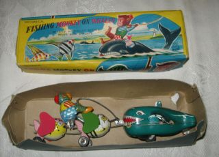 Vintage 1950s Fishing Monkey on Whales TPS Japan Tin Wind Up Toy 6