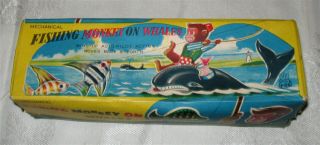 Vintage 1950s Fishing Monkey on Whales TPS Japan Tin Wind Up Toy 7