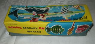 Vintage 1950s Fishing Monkey on Whales TPS Japan Tin Wind Up Toy 9