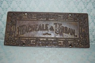 Antique Macneale & Urban Safe Cast Iron Safe Name Plate.  1855 - 1903.