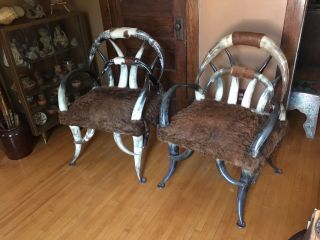 Matching Mid Century Texas Steel Horn Chairs With Cowhide Upholstery