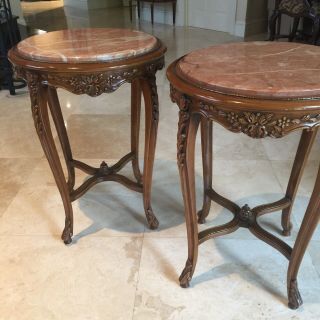 Handcarved Maple End Tables With Rose Marble Tops