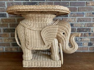 Vtg Wicker Rattan Elephant Side End Table Stool Plant Stand Removable Top Tray