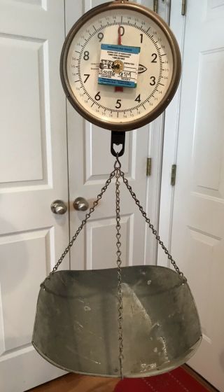 Antique Chatillon 20 Lb.  Hanging Produce Scale W/galvanized Scoop Pan Hardware