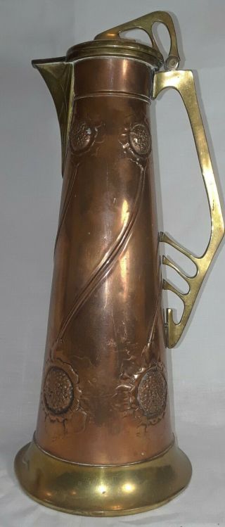 Arts And Crafts Art Nouveau Copper Brass Flaggon Pitcher Wmf Style