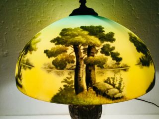 Antique Reverse Painted Lamp Phoenix Glass Shade Pittsburgh Base Trees Landscape