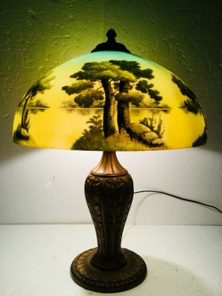 Antique Reverse Painted Lamp Phoenix Glass Shade Pittsburgh Base Trees Landscape 2
