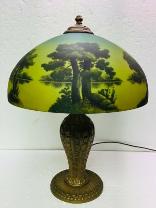 Antique Reverse Painted Lamp Phoenix Glass Shade Pittsburgh Base Trees Landscape 3