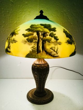 Antique Reverse Painted Lamp Phoenix Glass Shade Pittsburgh Base Trees Landscape 4