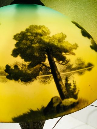 Antique Reverse Painted Lamp Phoenix Glass Shade Pittsburgh Base Trees Landscape 6