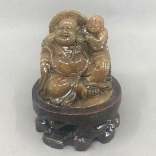 Chinese Shoushan Stone Statue - Laughing Buddha & Kid