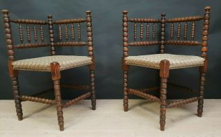 Couple Antique Oak Barley Twist Corner Chairs Bobbin E/0036
