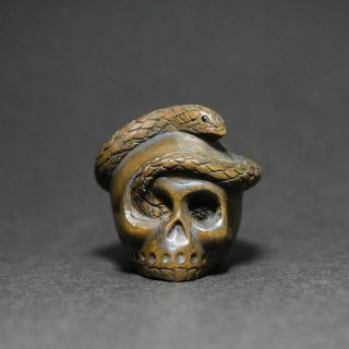 Rare Wooden Snake And Skull Skeleton 玉石 Sign Netsuke Japan Antique Vintage Ojime