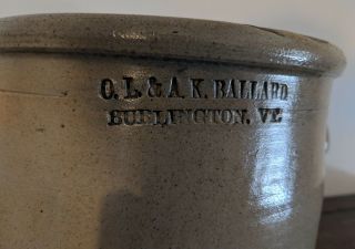 O.  L.  & A.  K.  Ballard 1 Gallon Burlington,  VT Vintage Crock Stoneware 3