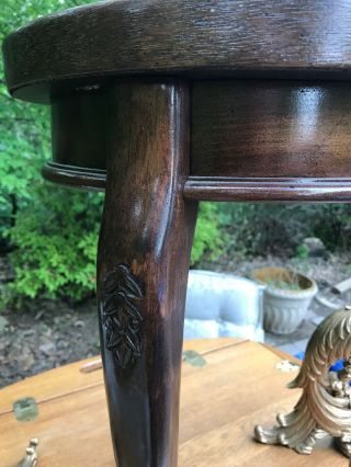 Burl Walnut Side Table Small Round Carved Legs.  Table.  21 1/2” X 15” Dia 2