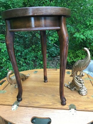 Burl Walnut Side Table Small Round Carved Legs.  Table.  21 1/2” X 15” Dia 5