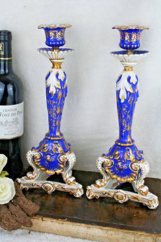 Pair Antique 1900 French Vieux Paris Porcelain Candle Holders Swan Paws Rare