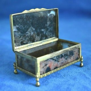 Antique German 19th Century Beveled Moss Agate Stone Snuff Gold Dore Case Box