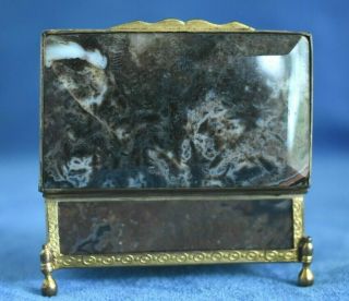 Antique German 19th Century Beveled Moss Agate Stone Snuff Gold Dore Case Box 2