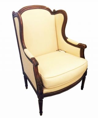 Antique French Louis Xvi,  Wood Wing Back Bergere Armchair