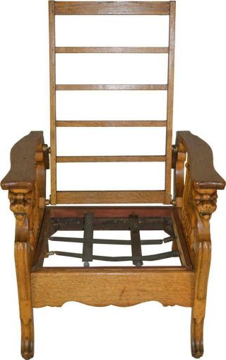 17664 Oak Carved Morris Chair With Lion Heads For Arms