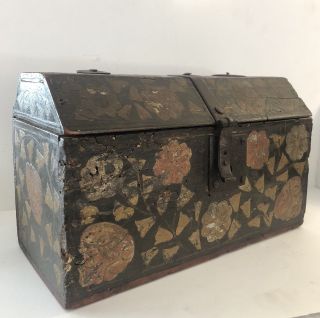 Antique Wooden Paint Decorated 18th Century Spanish Colonial Lock Box