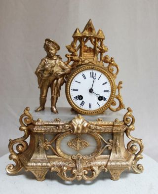 Antique 1870 French Clock Gilt Ormolu Romantic Alabaster Shepherd