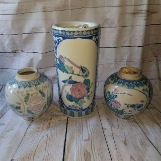 Hand Painted Chinese Porcelain Vase Teal,  Pink & Blue With Birds,  Ducks,  Lotus A