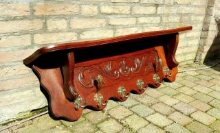 LARGE Antique Vtg French Oak Carved Kitchen Wall Shelf Copper Pot Coat Hat Rack 2