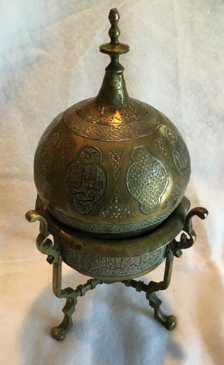 Antique Silver Inlaid Cairoware Mamluk Islamic Incense Burner