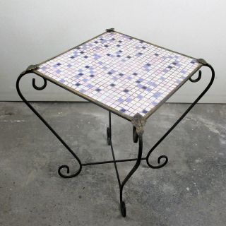 Vintage Small Side Table Plant Stand Mosaic Tiles Checkered Pattern Wrought Iron