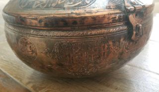 Rare Antique Hand Etched Arabic Copper Bowl With Lid 5