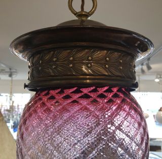 Antique Victorian Cranberry Glass Hall Lantern Lamp Pendant With Brass Gallery 10