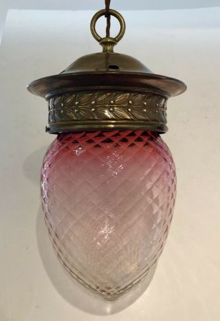 Antique Victorian Cranberry Glass Hall Lantern Lamp Pendant With Brass Gallery