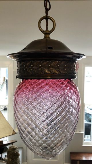 Antique Victorian Cranberry Glass Hall Lantern Lamp Pendant With Brass Gallery 3