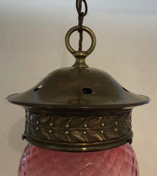 Antique Victorian Cranberry Glass Hall Lantern Lamp Pendant With Brass Gallery 6