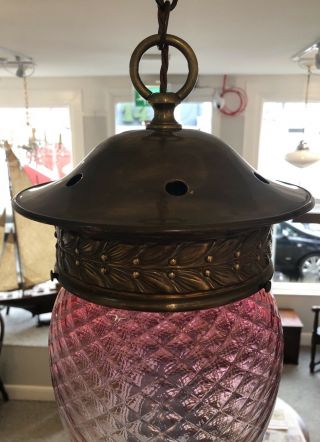 Antique Victorian Cranberry Glass Hall Lantern Lamp Pendant With Brass Gallery 8