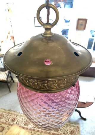 Antique Victorian Cranberry Glass Hall Lantern Lamp Pendant With Brass Gallery 9