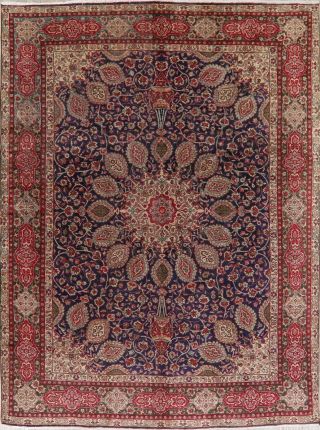 Antique Medallion NAVY BLUE RED Oriental Area Rug Floral Hand - Knotted Wool 10x13 2