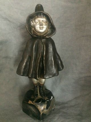 Art Deco Cold Painted Spelter Figure Hooded Cloaked Girl On Marble Base No Res