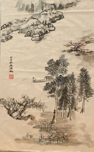 Chinese Hand Worked Scroll Painting Signed Wu Hu Fan.