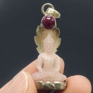 Vintage Tibet China Pink Jade Pendant With Ruby Hand Carve Sakyamuni Buddha Rare 3