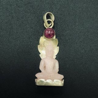 Vintage Tibet China Pink Jade Pendant With Ruby Hand Carve Sakyamuni Buddha Rare 4