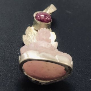 Vintage Tibet China Pink Jade Pendant With Ruby Hand Carve Sakyamuni Buddha Rare 7