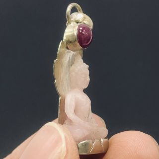 Vintage Tibet China Pink Jade Pendant With Ruby Hand Carve Sakyamuni Buddha Rare 8