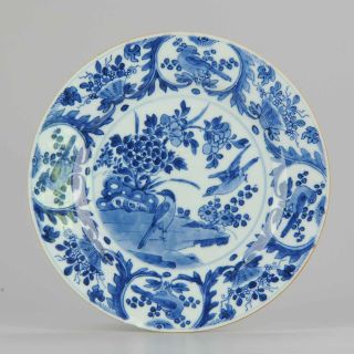 Antique Kangxi Cobalt Blue Bird Plate 18c Floral Decoration Chinese Porc.
