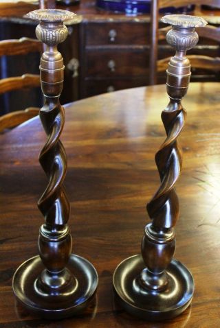 Antique Style Large 19 " Tall Wooden Barley Twist Candlesticks W/ Bronze Holders