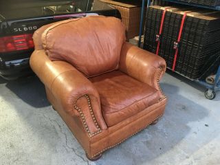 Thomasville Distressed Leather Paris Style Cigar Club Chair,  Cognac Studded Nail
